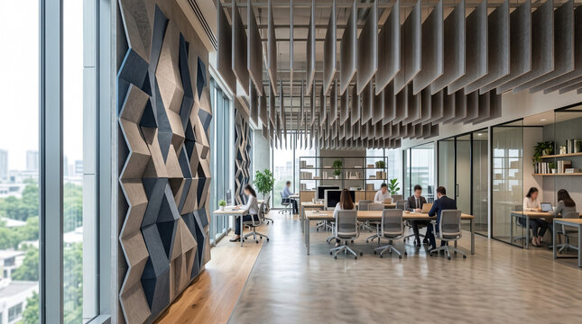 Modern open plan office interior with employees working at desks in a collaborative workspace