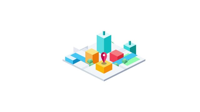 Isometric smart city map building up with colorful skyscrapers and a red location pin marker on a clean white background