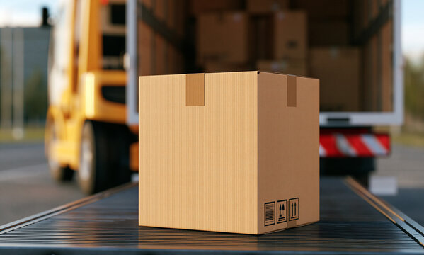 shipping box being loaded into back of a shipping truck
