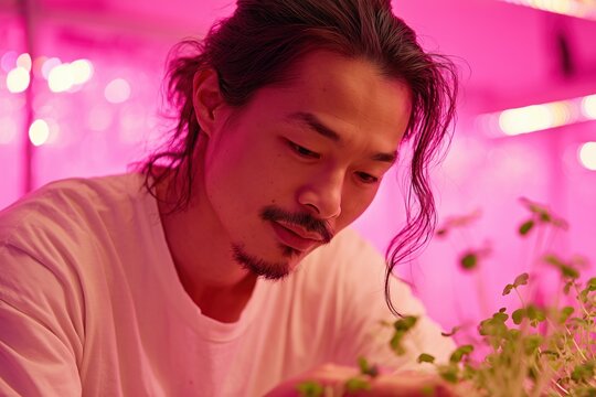 Asian man tending to growing plants under vibrant pink grow lights, urban vertical farming concept
