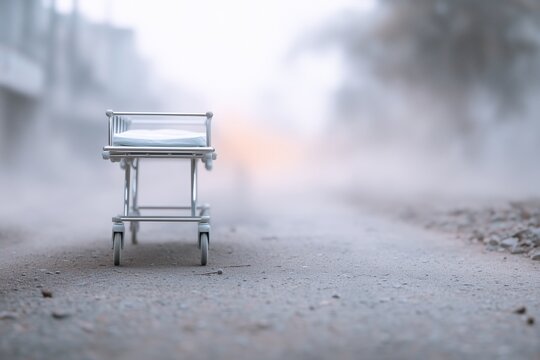 Empty canvas medical stretcher on street covered with debris and dust, melancholic and cinematic mood, realistic disaster zone