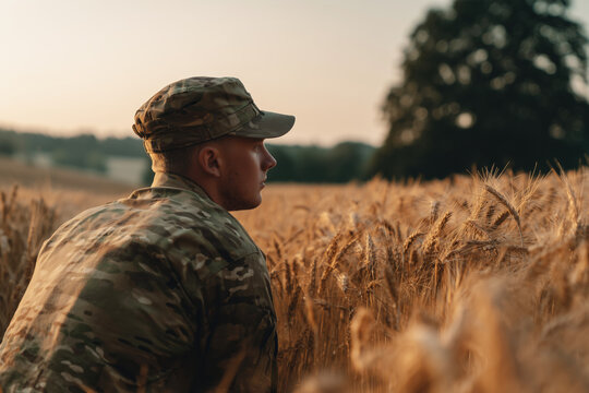 Soldier in camouflage uniform crouching low in field of golden wheat, realistic military scene. Camouflaged man observing rural landscape
