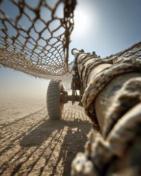 Military artillery cannon draped in desert camouflage netting on dry sandy terrain, depicting a realistic field deployment