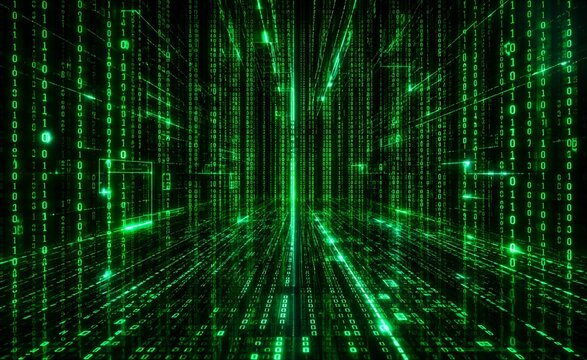 Futuristic digital cyberspace background with glowing green binary code data streams and network lines.