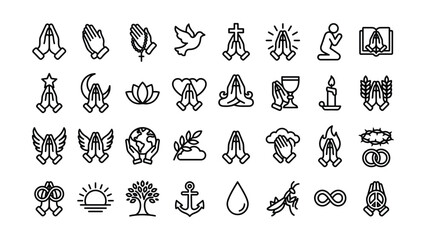 Obraz premium Praying hands icons with various religious and spiritual symbols