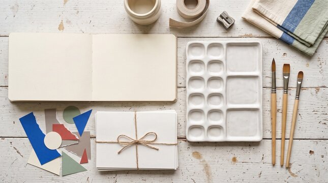 Art supplies and gift wrapping on wooden table.