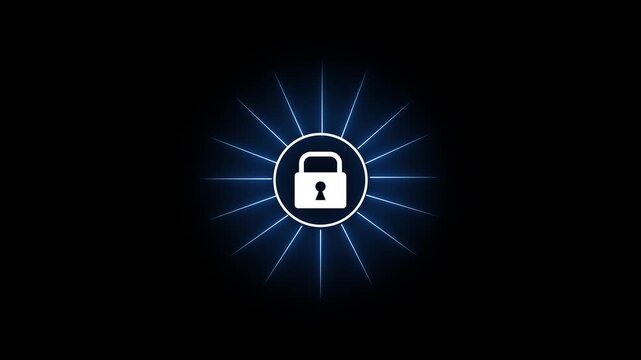 abstract glowing blue neon padlock animation with radiating light rays and energy burst loop.
