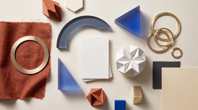 Colorful geometric shapes and metallic objects on white background.
