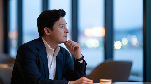 Thoughtful businessman sitting in a modern cafe, gazing out the window in the evening, contemplating with a cup of coffee. Soft bokeh lights create a cozy, inspirational atmosphere.