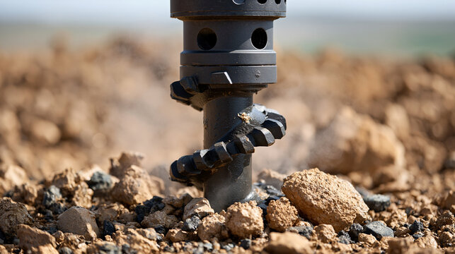 Close-up of a geothermal drilling auger penetrating rocky ground while light steam rises in bright daylight, crisp engineering details and clean renewable energy extraction concept,