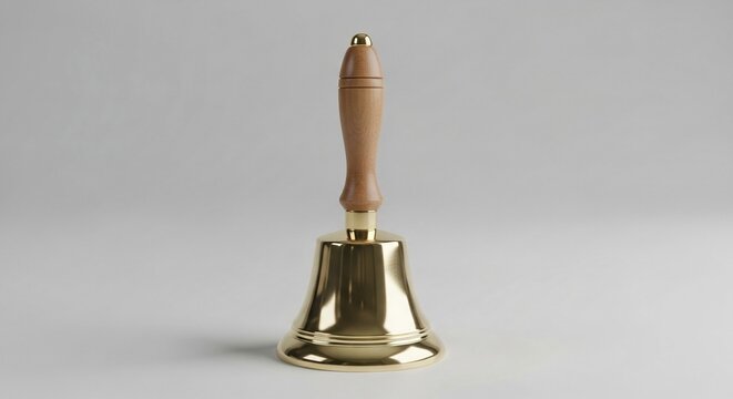 Polished Brass Hand Bell with Wooden Handle Isolated on a Light Background