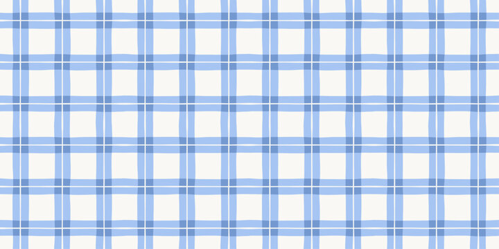Watercolor blue gingham seamless pattern. Traditional square plaid background with irregular organic lines. Checkered print for wrapping paper, textile and tablecloth fabric. Tartan texture