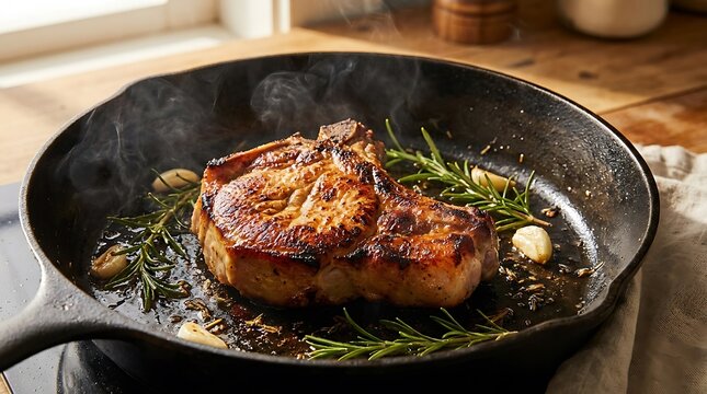 Juicy grilled beef steak cooking with fresh rosemary and garlic cloves in a hot black iron skillet pan. chuleta de cerdo