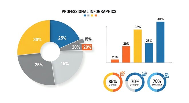 Professional infographic set including pie chart bar graph and circular progress indicators with percentage labels for corporate business data analysis presentation