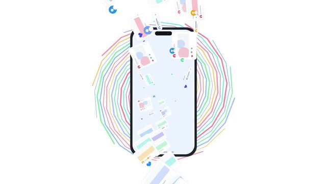 Modern smartphone displaying flying social media profile cards and notification icons with colorful swirling lines on white background