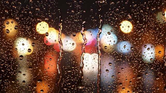 Raindrops falling on a wet glass window with colorful blurred city lights in the background during a stormy night with against backdrop colorful video raindrops sliding