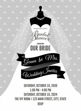 Bridal Shower Invitation Card Template. Wedding Illustration. Silver Theme.