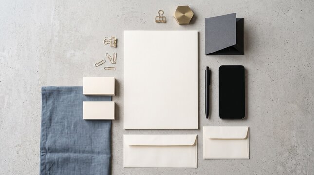 Flat lay of stationery and tech items on concrete surface.