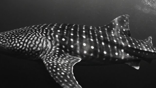 Graceful whale shark swims through dark ocean depths, showcasing unique spotted pattern and majestic presence