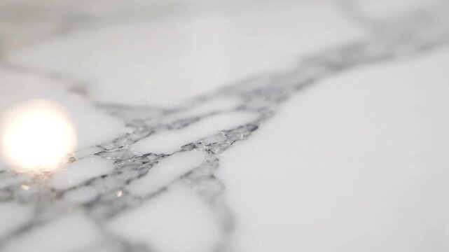 Close up camera panning across a polished white marble surface with grey veins with bright light reflections stone surface dark video slow camera pan across glossy with architecture