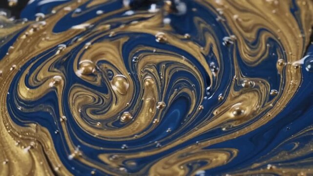 Blue and gold metallic paint swirling together in a fluid mixture with dynamic abstract patterns swirling motion create mixing together slow video blue combination with background