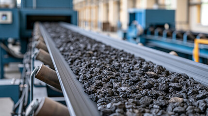 Fototapeta premium Heavy conveyor belt transporting coal through a bright mining facility, clean industrial equipment and visible raw mineral pieces emphasizing processing workflow, conveyor belt, coal,