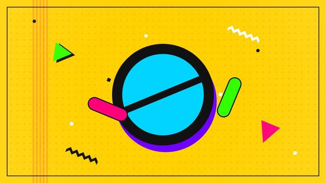 A bright yellow background features a central blue circle surrounded by vibrant geometric shapes and lines.