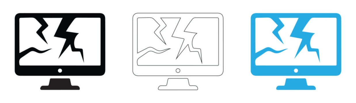 Broken computer monitor screen vector icon set representing technology failure during digital breakdown concept.