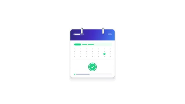 Stylized digital calendar icon showing a loading spinner that transitions into a green checkmark indicating successful booking, scheduling, or task completion