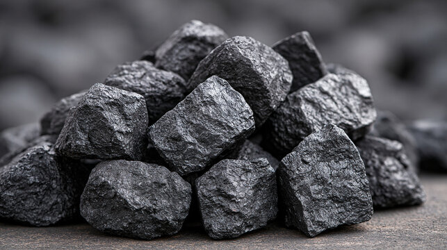 Macro close-up of glossy coal chunks piled together under bright neutral studio lighting, crisp mineral texture with clean highlights and detailed rocky surfaces, coal, anthracite, fossil