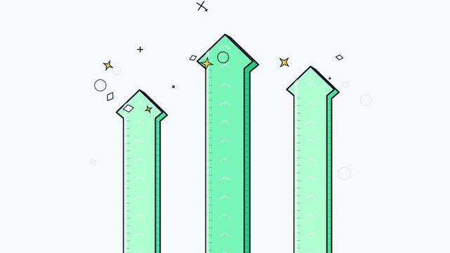 Three green bar charts rise and transform into upward arrows representing business growth, financial success, and market progress with celebratory geometric confetti.
