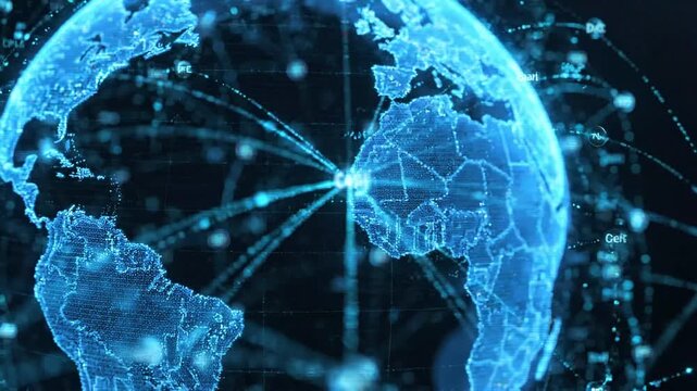 Digital earth globe with glowing data connection lines and network nodes rotating against a dark background with representing global communications globe interconnected
