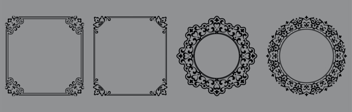 Set of decorative frames Elegant vector element for design in Eastern style, place for text. Floral black and gray frames. Lace illustration for invitations and greeting cards