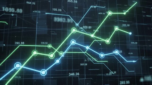 Glowing digital line graphs rise and fluctuate against a dark grid background with charts representing financial video animated glowing financial data trends trends moving