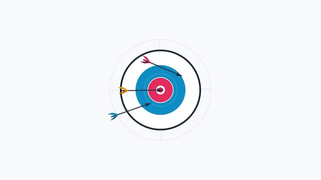 Three colorful arrows fly and hit the center of a target bullseye representing business success, goal achievement, and marketing strategy focus.