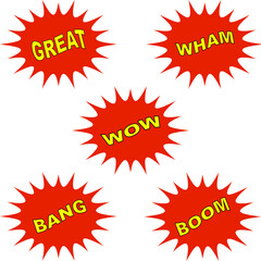 Set of five red comic speech bubbles or starburst shapes with yellow text explosions including great, wham, wow, bang, and boom © AdeelAnjum