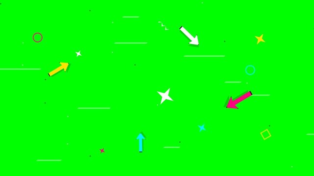 Colorful geometric arrow icons and various simple shapes scattered over a bright green background