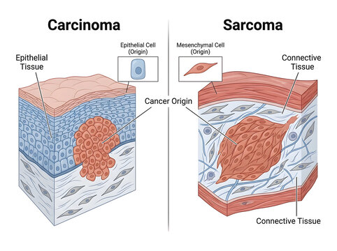 Carcinoma vs sarcoma cancer origin comparison illustration isolated on white background