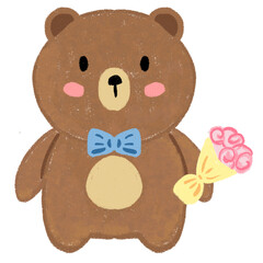 Obraz premium Cute brown teddy bear holding flower bouquet illustration isolated on transparent background