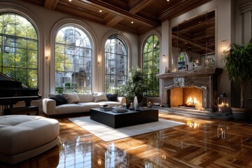 Naklejka premium Luxurious living room with fireplace and view of trees in a grand architectural setting