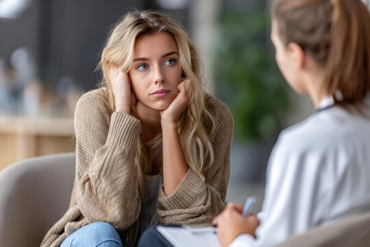 Young woman engages in therapy session in modern office setting during daylight hours