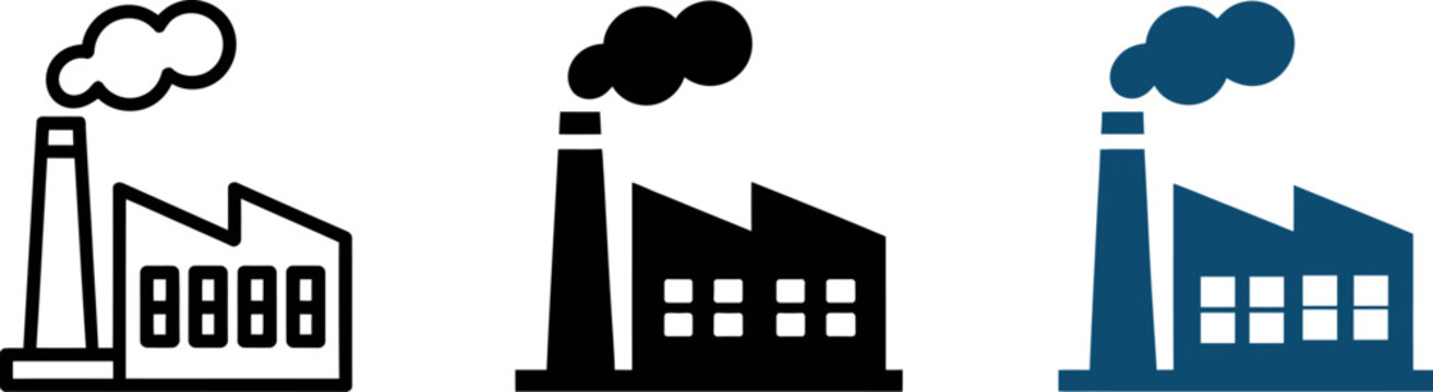 Factory pollution icon set. Industrial plant symbols for manufacturing plant, smoke emissions, environmental impact, carbon footprint and industrial estate design.