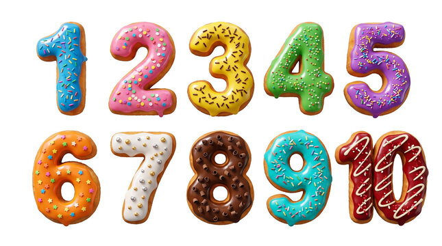 3D sweet colorful donuts number 1-10 set with colorful glaze sprinkles
