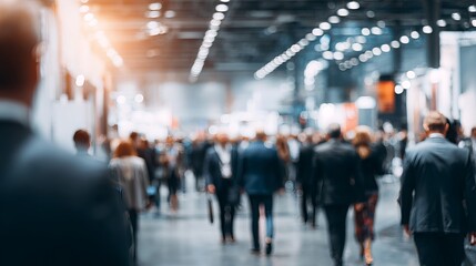 Fototapeta premium Blurred crowd of professionals navigating a vast, brightly lit convention hall, concept for industry events and business networking opportunities