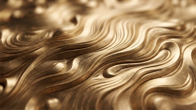 Luxury gold metallic background with abstract liquid wave pattern and 3D carved brass texture detail