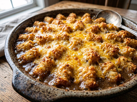 A delicious homemade tater tot casserole baked in a rustic ceramic dish.