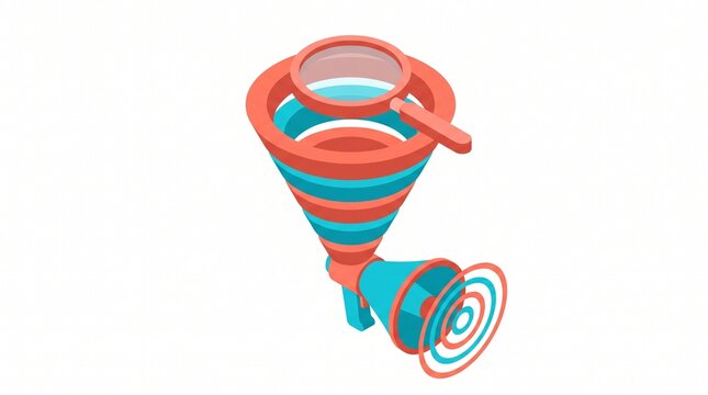 Isometric marketing sales funnel with magnifying glass and megaphone amplifier isolated
