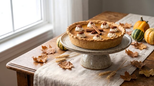 Whole pumpkin pie decorated with whipped cream, pecans, and cinnamon sticks on ceramic cake stand, with linen runner, autumn leaves, wheat spikes, mini pumpkins, and bright window light