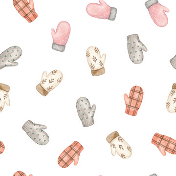 Cozy winter mitten pattern with pink, beige, and gray knitted mittens on a white background. It is suitable for winter textiles, wrapping paper, children&rsquo;s clothing, wallpaper and seasonal products.
