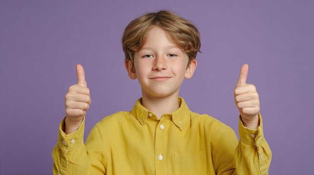 Cheerful boy with tousled hair and a yellow shirt gives a thumbs-up gesture against a solid violet backdrop, representing positive affirmation and youthful confidence